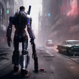 fallout 4 character in action, yohan diniz(fast walker) as robot in the streets of cyberpunk city , hospital, unreal, spray paint, clay, vox model