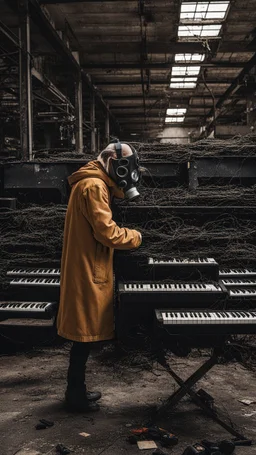 a person with a gas mask in an abandoned big massive factory, playing with a modular synth piano