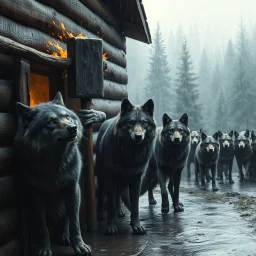 one large hammer breaks the wall of the wooden house. A group of anthropomorphic wolves react in surprise in the background other anthropomorphic wolves watch the scene unfold with expressions of shock and with surprise faces. high realistic, detailed,dark fantasy mood, rain, cinematic
