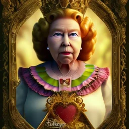 "Queen of Hearts" book young man character of "Alice in the wonderland". Fat,old woman,Detailed face, detailed eyes, Realistic lighting,elegant dress,sarcastic smile,.behance contest winner, generative art, baroque, intricate patterns, fractalism, movie still, cartoon.style by Disney,Chie Yoshii,earnst haeckel,james jean.