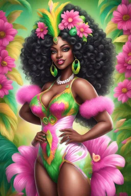 Create a digital airbrush cartoon of a curvy African American female wearing Brazilian carnaval outfit outfit that's pink, green and white. Prominent make up with hazel eyes. Highly detailed very long extremely curly black hair. Her skin is smooth and silky. Background of a judge full of colorful flowers