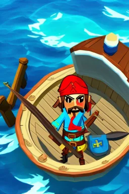 Cartoony Captain Jack Sparrow sailing on a small boat, in the middle of blue oceans, Legend Of Zelda: Wind Waker style, stylized, colorful, adventurous.