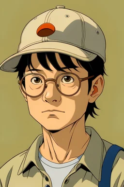 a Man, using a baseball cap with glasses, ghibli style