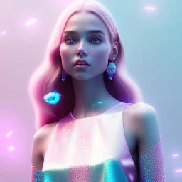 A portrait of a crystalised girl,smiling, laughting longs thin hairs blue, atmospheric, realistic,, cinematic lighting, octane render,, pink turquoise light, white skin, pink atmosphere, nice smile