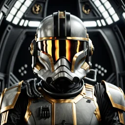 star wars bald male corellian pilot wearing gunmetal grey and black First Order special forces TIE pilot armored flightsuit and helmet with gold trim inside the jedi temple, centered head and shoulders portrait, hyperdetailed, dynamic lighting, hyperdetailed background, 8k resolution, volumetric lighting, light skin, fully symmetric details