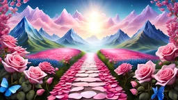 sentiero montano fatto di petali di rosa topazi smeraldi cristalli, quarzo rosa e ialino luccicanti con paesaggio floreale cristalli azzurri e bianchi sole nascente cielo azzurro fatina con ali
