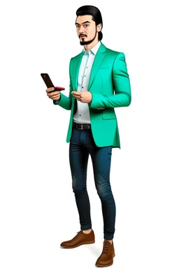 Modern guy, 20s, "holding ipad in left hand", looks like a "renaissance painting look", walking forward, full body, "persian green jacket", blue pants, "right hand pointing down". "Front facing" "forward view" white background