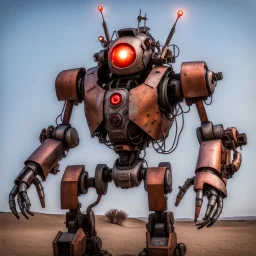 trash mech suit, human-sized, made of scrap metal, small, cockpit, light rust, round, one red glowing eye, loose wires