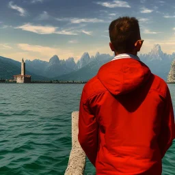 Man from behind is watching on tbe Lake Garda in Italy