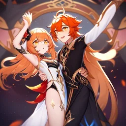 Clear focus,High resolution, Brown long straight hair, and yellow eyes, wearing a Genshin Impact Inspired outfit,Wearing a short skirt, Color pallete red orange black, dancing in the moonlight, Potrait