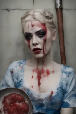 Mugshot, facial, closeup, blue, large, dead woman, blonde, floral designs, atmospheric, beautiful, China Doll, Vampiric, horrifying, blood dripping, brain matter, severed arms and legs, Negan, Baseball bat, barbed wire, a sack, 3 table spoons of salt, Boiling water,