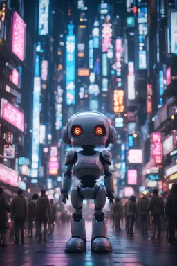 cute tiny robo in neo-tokyo, surrounded by lots of people towering over him, very low perspective looking up, cute eyes, unreal engine render, 8k, dark aesthetic, stunning neon lights