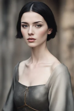 Scandinavian athletically built medieval woman with black short hair, pale skin, pretty lips