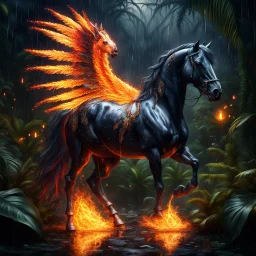 Hyper Realistic Crystal-Fire-horse-with-golden-horn & fire-wings inside a jungle at dark rainy night showing dramatic & cinematic ambiance.