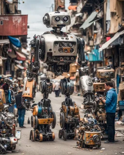 Junk city, many people buying a robot, street view, macro photography,