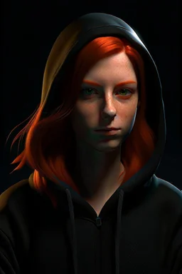 An animated woman with dark brown eyes and shoulder length red hair wearing a black hoodie. Realistic.