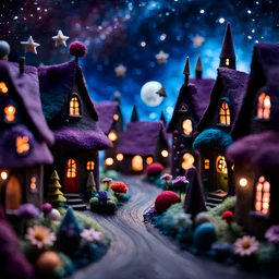 Detailed people, creepy street made of modeling clay and felt, village, stars, galaxy and planets, sun, volumetric light flowers, naïve, Tim Burton, strong texture, extreme detail, Yves Tanguy, decal, rich moody colors, sparkles, Harry Potter, bokeh, odd