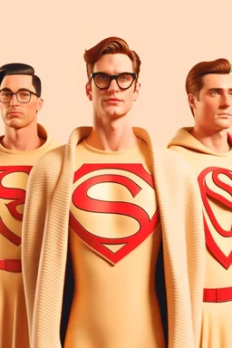 three men in different Gucci Superman's emblem clothing, beige tones, fashion plates, modern designs, deconstructed tailoring, rendered in cinema4d –q 2 –ar 3:5