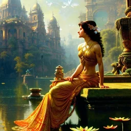 Hyperdetailed oil on canvas, young Rachel Weisz sits by the ornate fountain, goldfish pond, lotus, detailed face, long brown wavy hair; by gaspar camps, maxfield parrish, alphonse mucha, cyril rolando, dan mumford; luminous colorful sparkles, glitter, airbrush, octane render, volumetric lighting, 16k