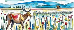 an Elk off-center in a prairie field, canola plants hinted in foreground, detailed watercolor illustration, complimentary colors