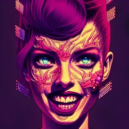 beautiful punk girl, smiling, leaning pose, hyper detailed, hyperdetailed, intricately detailed, illustration by <kilian eng>, purple tones, darkred tones,