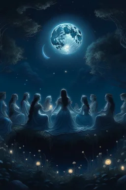 "Generate an AI art piece featuring natural moonlit nightwives, mythic figures connected to the moon's magic. Picture ethereal women in harmonious scenes with the night sky, surrounded by elements of nature. Capture the enchantment of these celestial beings in your artwork."