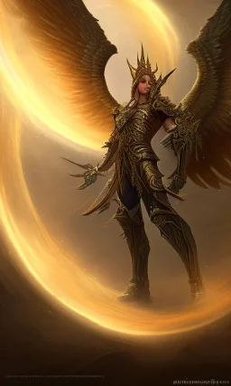 Angel with big wings and golden crown floating above the ground in the dark, michelangelo style, detailed, world of warcraft style