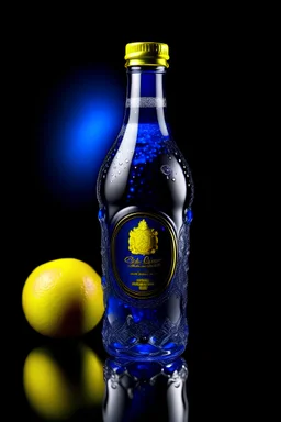 bouteille d eau potable de LUXE avec le nom GSTAAD WATER en diamant bleu royal impériale au citron de lunivers fond des mers au cornichons des alpage avec du citron partout et que le bouchons de la bouteille sont une couronne