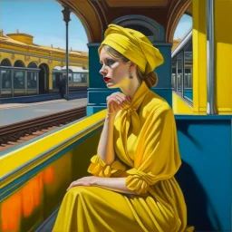 Neoclassicism woman waiting at a station yellow realistic cote d'azur