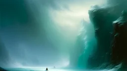 A mint colored frozen peak with a cave in a blizzard painted by Ivan Aivazovsky