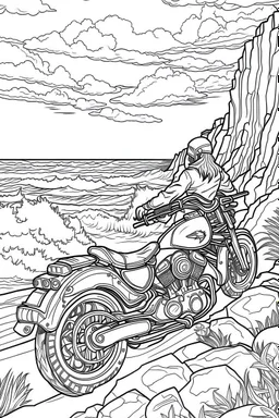 An eagle glides effortlessly over the immense, rugged grandeur of the Grand Riding a powerful motorcycle along a winding coastal road, the rider hugs the cliffs' edge, overlooking a tumultuous sea crashing onto jagged rocks. The sheer cliffs, relentless waves, and the motorcycle's speed highlight the exhilarating and powerful connection with the untamed coastal wilderness..coloring book page, simple and clean line art, adult drawing book, black and white, crisp black lines, no shades, sharp line