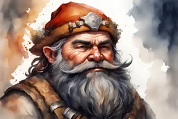 Create a watercolor fantasy portrait of a dwarf prospector. Durim is a sturdy dwarf with a broad build, his muscular frame testament to years of hard labor in the mines. His face is weathered, adorned with scars earned from countless battles against both nature and the creatures of the wilderness. His beard, a fiery red, is braided and adorned with small trinkets and tokens of luck. He wears practical leather armor, reinforced with metal plates, and carries a warhammer slung over his shoulder.