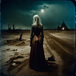 Photorealistic polaroid nothingness and distressing anguish old wooden figure wasteland night Max Ernst Hieronymus Bosch, shot on Hasselblad, movie shot, details of the dress accentuated, nightmare, hypermaximalist