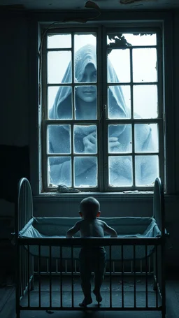 A baby in the crib standing in front of a big window in an abandoned damaged room, behind the window a face of an ugly hooded creature