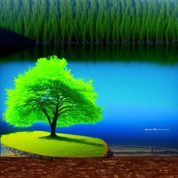 a beautiful green Tree with guitar leaf, in front of a lake, photorealistic