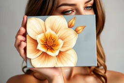 a beautiful lady with A detailed painting of one large, cream-colored flowers with petals that have gold accents on a grey background, in the style of acrylic paint in her hand