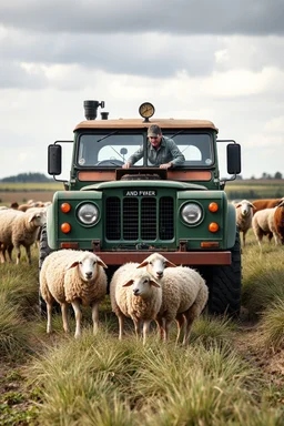 big (AUTOFARM) title at top ,landrover sheep, steampunk man, working in field