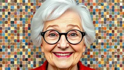 The image is a digital art piece that appears to be a portrait of an elderly woman's face. The woman has white hair and is wearing round glasses with black frames. She has a big smile on her face and her eyes are wide open, as if she is looking directly at the viewer. The background is made up of small squares of different colors and patterns, creating a mosaic-like effect. The squares are arranged in a way that creates a sense of depth and dimension, with some overlapping each other. The overal