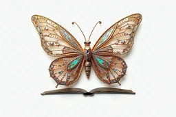 Gold and Silver DNA Strands, forming an intricate, book with butterflys ,surreal shape and coloring. Millions upon millions of unique colors glisten from it's scales. White Background