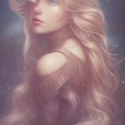 FAIRY , cute, beautiful, long hair, wavy hair, blues eyes, , cinematic, 8k, Artgerm, WLOP, hyperdetailed intricately detailed, pink found,STARS