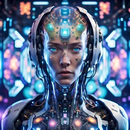 Generate an image of a futuristic cyborg with human-like features, such as lifelike skin and hair, as it interacts seamlessly with a kaleidoscope of vibrant holographic images and icons emanating from a computer terminal within a mesmerizing cyberspace realm