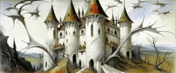 A white vampire bat chateau painted by Salvador Dali
