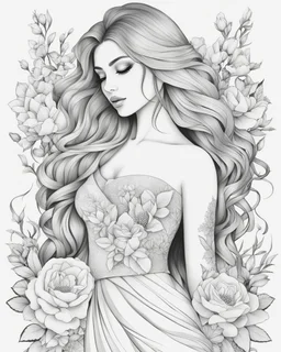 Line art: beautiful, mesmerized drawing skatche for full body girl in her hair nice flowers and in a beautiful flowering dress :: flower tattoos on her body, line art style, drawing