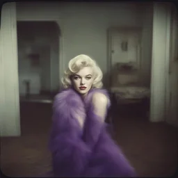 actress marilyn monroe , hippie girl, purple fur, in a liminal empty room, old autochrome