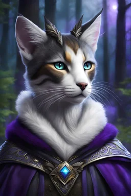 Beautiful D&D character, humanoid female tabaxi druid, smooth face with no designs on face, add more fur to the face, tufts of white fur poking out of the ears, black fur on face, colorful fantasy, detailed, realistic face, digital portrait, intricate cloak black trimmed with silver and purple, background is nighttime forest scene with mist,fiverr dnd character, wlop, stanley artgerm lau, ilya kuvshinov, artstation, HD, octane render, hyperrealism
