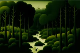 An olive green nuclear forest with a poisonous river painted by Henri Rousseau