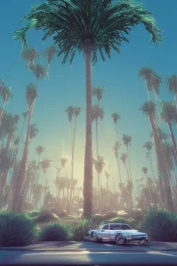 1980's aesthetic vaporwave palm trees with lighting with shiny chrome triangle in the desert sand