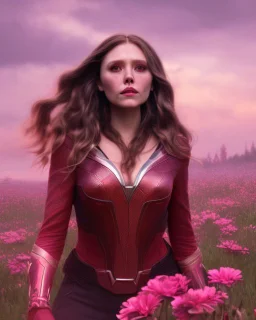 Feiticeira escarlate, Elizabeth Olsen, feiticeira, magia, bonita, cenário em um campo de flores, cinematográfico, dramático, por do sol, campo de flores, cores frias