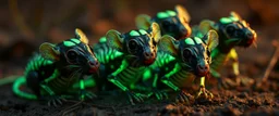 close up on glowing raven skeleton rat babies, raised by ninja necromancer in the wild