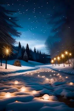 starlights in the snow with beautiful nature in the background by night with fairy lights in the foreground in the shape of stars
